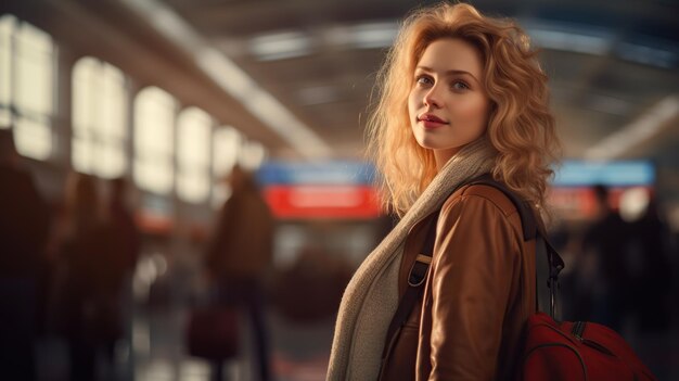 Jeune belle femme à l'aéroport avec une image de valise sur le voyage autour du monde sur ses vacances espace de copie pour le texte