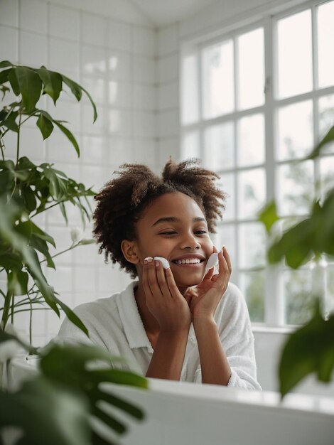 Photo une jeune et belle femme afro-américaine heureuse qui prend soin de sa peau du visage.