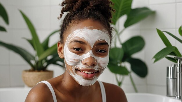 Une jeune et belle femme afro-américaine heureuse qui prend soin de sa peau du visage.