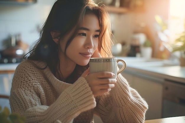 Une jeune et belle femme asiatique dans un pull confortable assise avec une tasse de thé à la table sur kitc IA générative