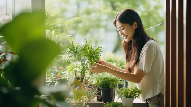 Une jeune et belle femme asiatique plante des fleurs sur le balcon de sa maison.