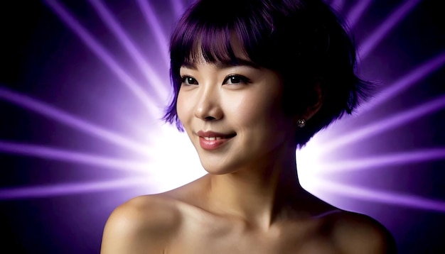 Une jeune et belle femme asiatique posant sur un fond violet clair