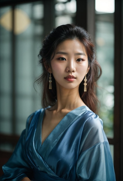 Une jeune et belle femme asiatique avec une robe bleue.