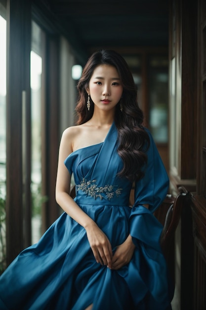 Une jeune et belle femme asiatique avec une robe bleue.