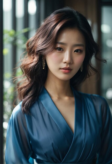 Une jeune et belle femme asiatique avec une robe bleue.