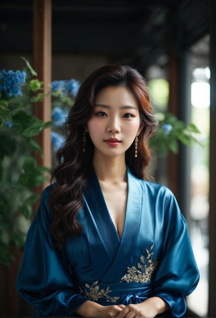 Une jeune et belle femme asiatique avec une robe bleue.