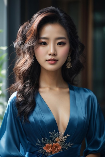 Une jeune et belle femme asiatique avec une robe bleue.