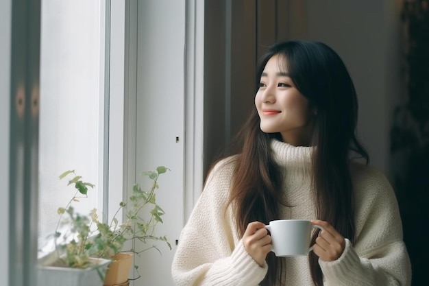 Jeune belle femme asiatique tenant une tasse de café et des guimauves sur le dessus assis à la maison et