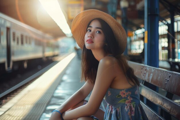 Une jeune et belle femme attend à la gare Un voyage d'été Une femme voyageuse