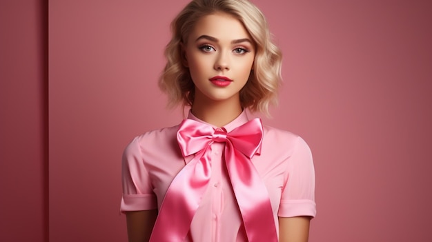 une jeune belle femme blonde en foulard de soie rose posant sur un fond rose