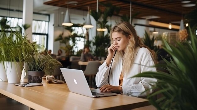 Une jeune belle femme blonde qui travaille sur un ordinateur portable et parle au téléphone dans un espace de travail confortable