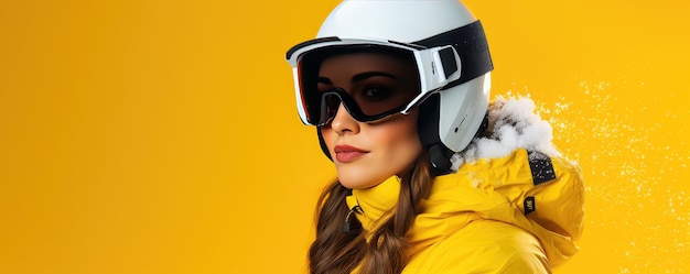Photo une jeune et belle femme avec un casque et des lunettes de ski équipement de ski ia générative