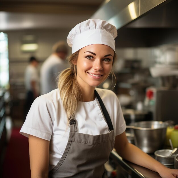 Jeune belle femme chef portant un uniforme de chef blanc et un tablier dans la cuisine souriant à la caméra