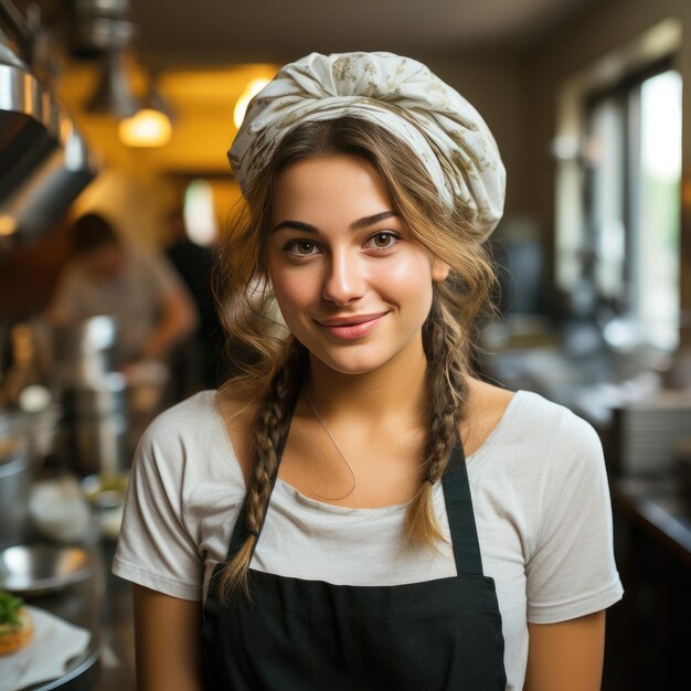 Jeune belle femme chef portant un uniforme de chef blanc et un tablier dans la cuisine souriant à la caméra