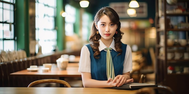 Une jeune et belle femme dans un café japonais rétro.