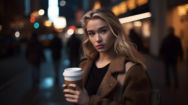 Jeune belle femme féminine blonde dans la rue de la ville de nuit tenant une tasse de café en carton image générée par le réseau de neurones