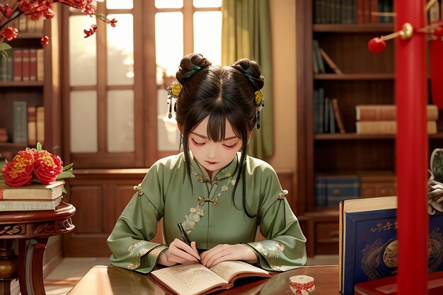 Jeune belle femme lisant un livre dans la salle d'étude portant une illustration de papier peint chinois hanfu