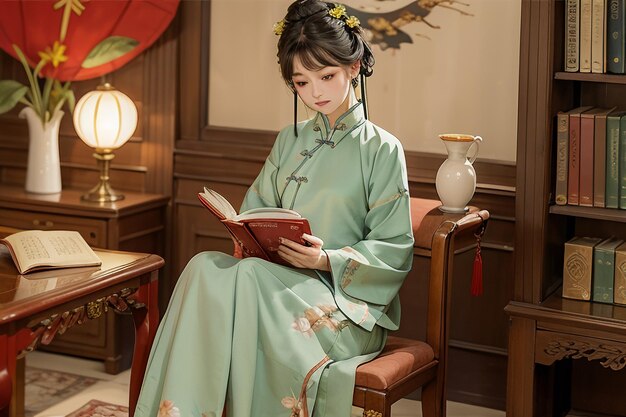 Jeune belle femme lisant un livre dans la salle d'étude portant une illustration de papier peint chinois hanfu