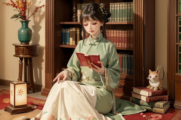 Jeune belle femme lisant un livre dans la salle d'étude portant une illustration de papier peint chinois hanfu