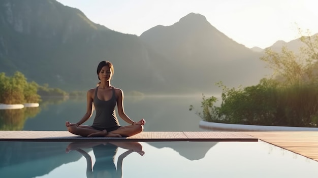 Une jeune et belle femme méditant sur le fond de la montagne Une jeune femme faisant du yoga dans la nature Une technologie d'AI générative