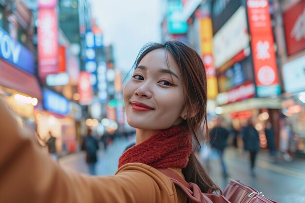 Une jeune et belle femme orientale souriante et se faisant un selfie dans le fond de la ville