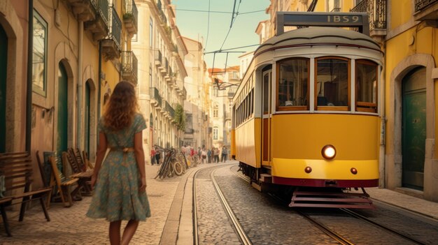 Jeune belle femme posant à côté du tram sur les rues de l'Europe