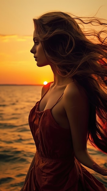 La jeune belle femme regarde la mer au coucher du soleil