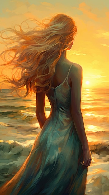 La jeune belle femme regarde la mer au coucher du soleil