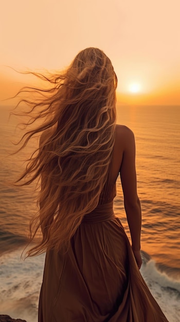 La jeune belle femme regarde la mer au coucher du soleil