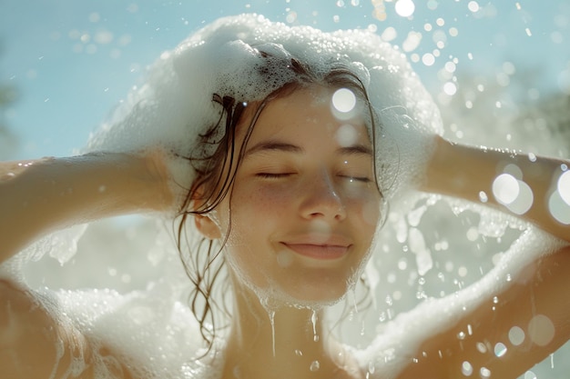 Une jeune et belle femme se lave les cheveux avec du shampooing.