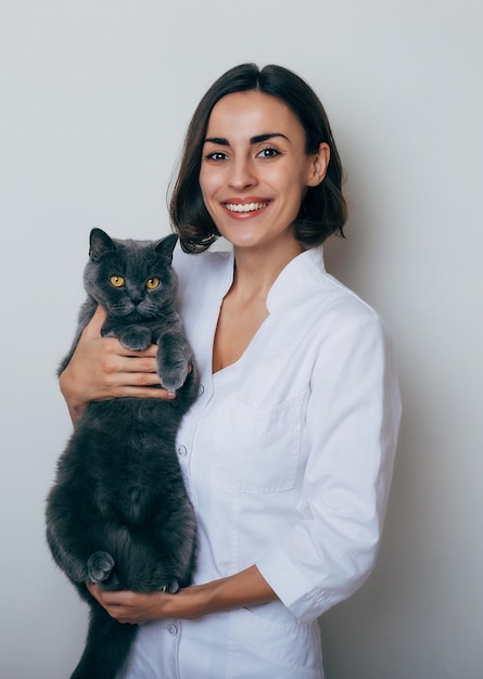 Jeune belle femme souriante Vétérinaire tient les mains et examine le chat dans une clinique vétérinaire