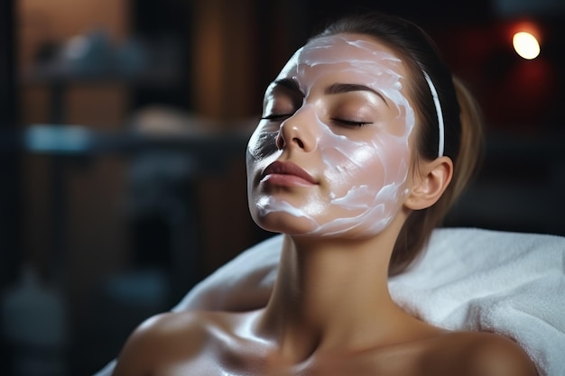 Une jeune et belle femme subit une procédure de masque dans un centre de spa.