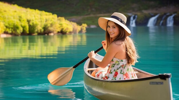 Photo une jeune et belle femme voyageant en canoë.