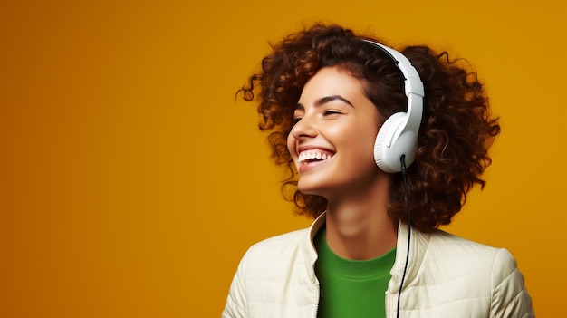 Une jeune belle fille écoutant de la musique souriante riant de bonheur sur fond orange