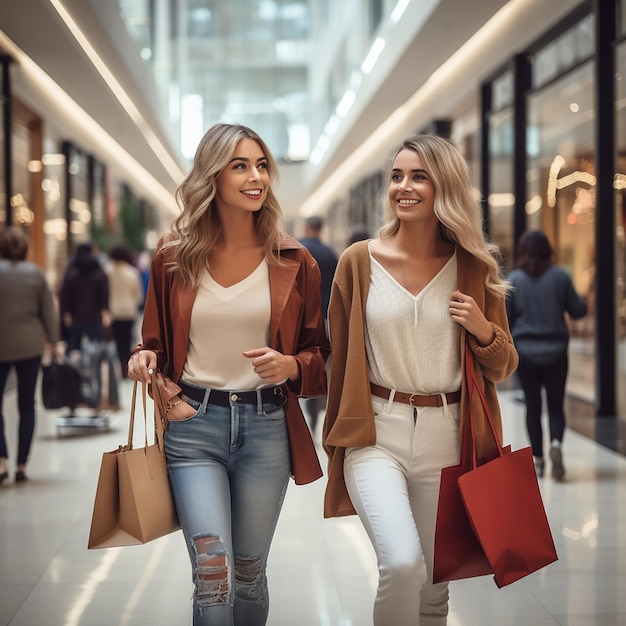 Jeune belle fille élégante à lunettes de soleil marche avec des sacs à provisions multicolores