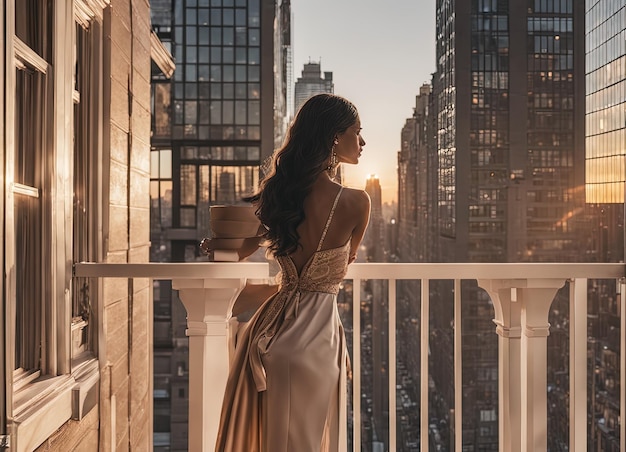 jeune belle fille sur le fond d'une ville panoramique, une belle femme avec une tasse de café