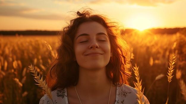 Jeune belle fille heureuse dans un champ de blé au coucher du soleil vacances d'été