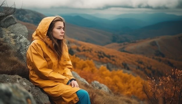 Jeune belle fille pensive dans les montagnes