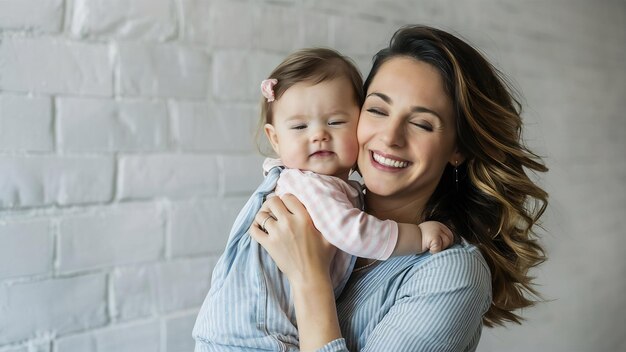 Jeune belle mère heureuse souriant avec les yeux fermés tenant sa petite fille au-dessus du mur blanc