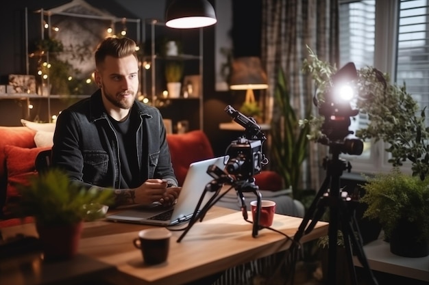 Photo un jeune blogueur enregistre une vidéo à l'intérieur en se concentrant sur l'écran de la caméra