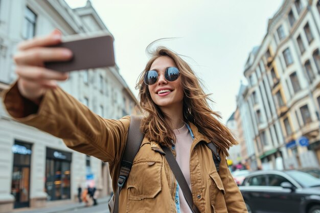 Un jeune blogueur de voyage influenceur des médias sociaux avec un appareil photo dans une ville urbaine