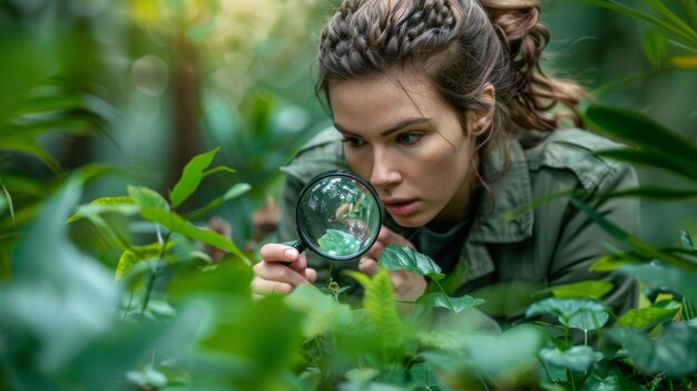 Photo un jeune botaniste explore la nature avec une loupe au milieu d'une verdure luxuriante