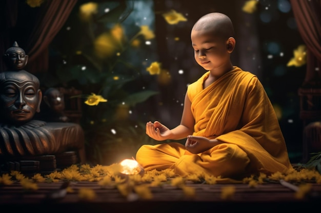 Un jeune bouddha est assis dans le jardin avec un lotus et des bougies Arrière-plan pour la célébration du festival vesak