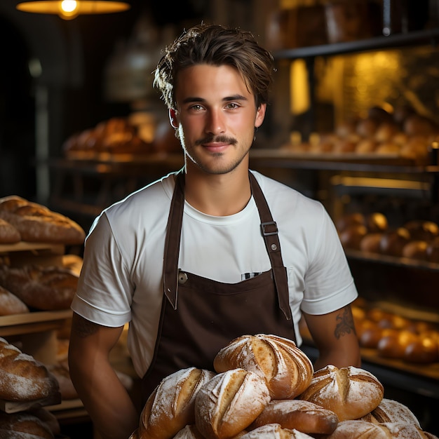 Jeune boulanger debout dans sa boulangerie préparant du pain frais photoréaliste