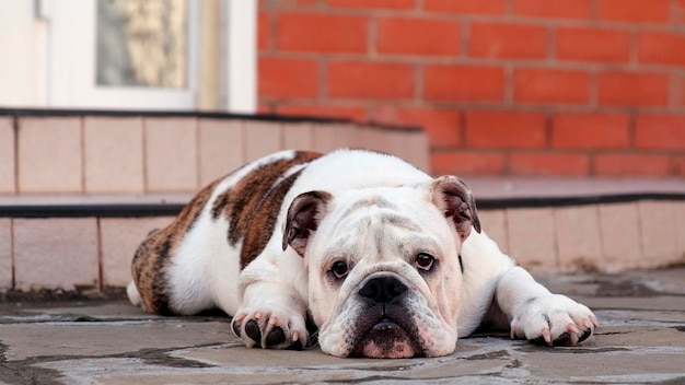 Un jeune bouledogue anglais triste se trouve dans la cour devant la maison dans la rue et regarde la caméra Concept d'animal de compagnie au ralenti