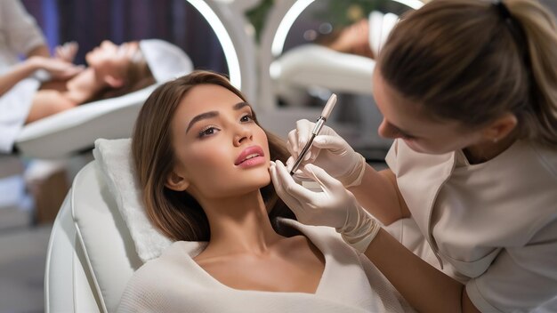 Photo une jeune brune bronzée subit une procédure permanente des lèvres au studio de beauté.