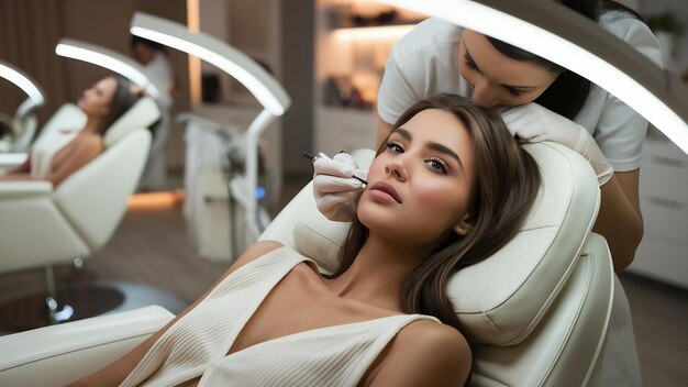 Photo une jeune brune bronzée subit une procédure permanente des lèvres au studio de beauté.