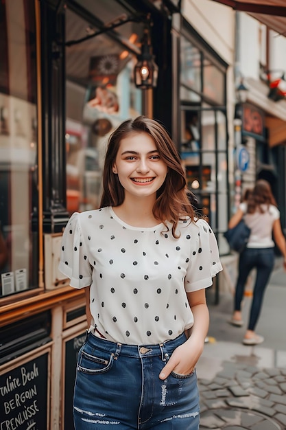 Une jeune brune heureuse et souriante. Une femme jolie, attrayante et charmante.