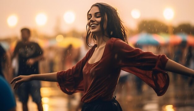 Une jeune brune joyeuse aime danser le soir sous la pluie, un éclat doré époustouflant sur une jeune joueuse.