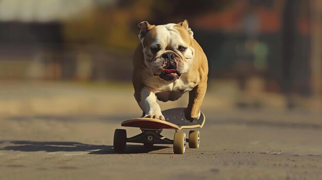 Un jeune bulldog anglais fait du skateboard dans une rue le bulldog porte un collier rouge et a la langue dehors le fond est flou